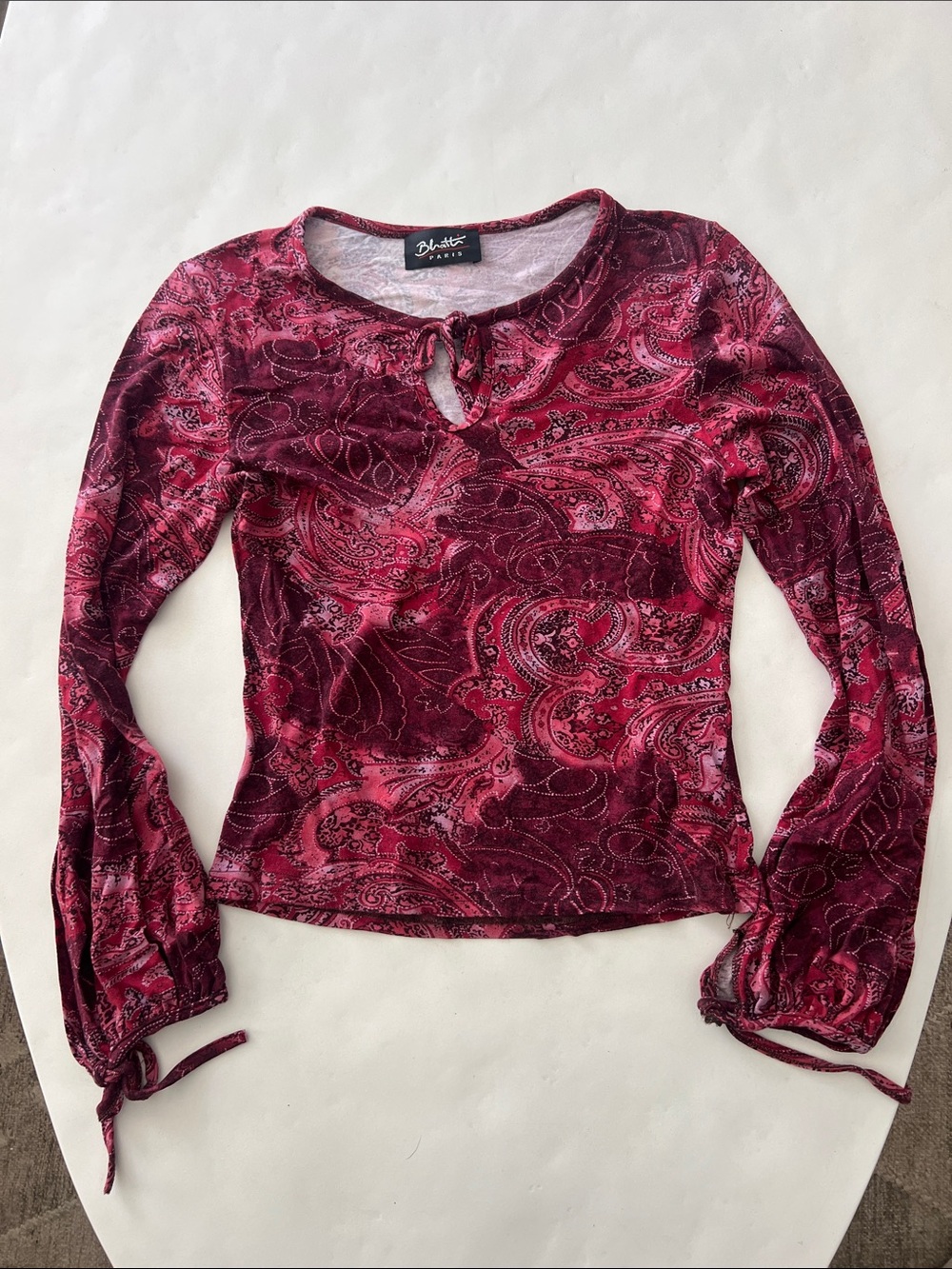 Vintage VTG 90s Bhatti Paris Paisley Print Keyhole Longsleeve Blouse Wrist Tie S
